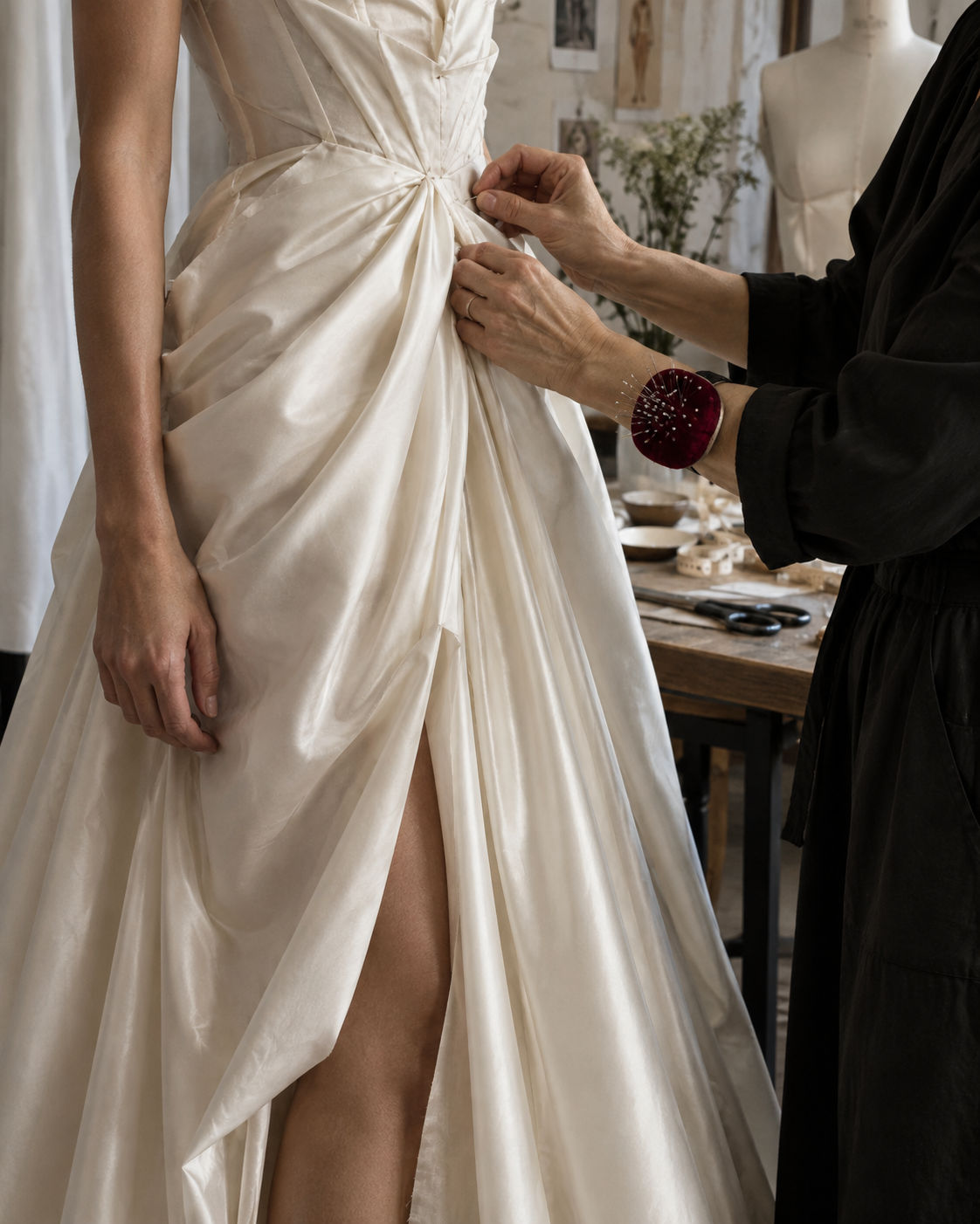 An ivory gown being fitted by hand in the atelier