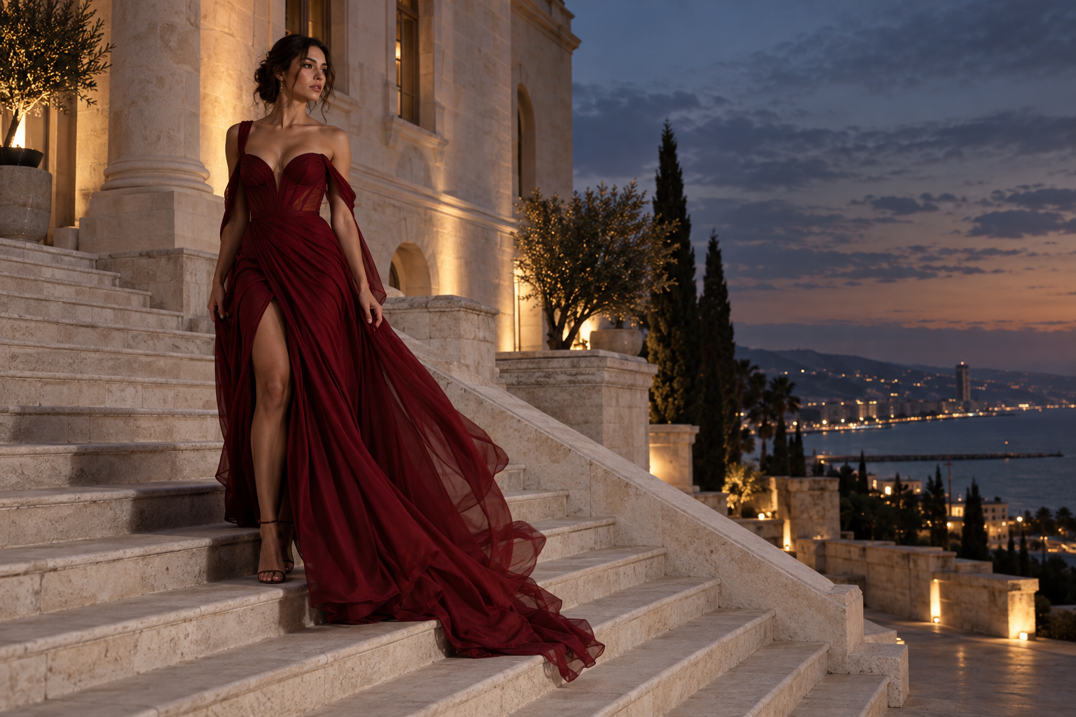 Oxblood couture gown on a stone staircase at dusk