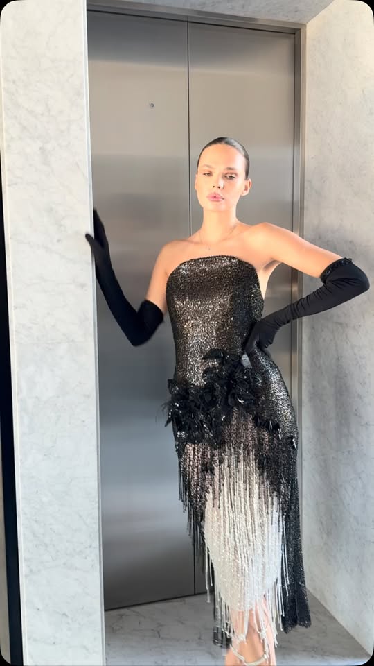 Black and silver fringed Lida Couture evening dress